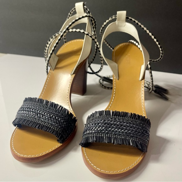 New J. Crew raffia ankle tie high heel sandals , size 10 , white and navy blue - Picture 3 of 9